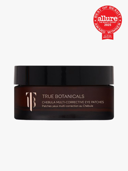 True Botanicals Chebula Multi-Corrective Eye Patches in branded brown jar with twist cap on light gray background with red Allure Best of Beauty seal in the top right corner