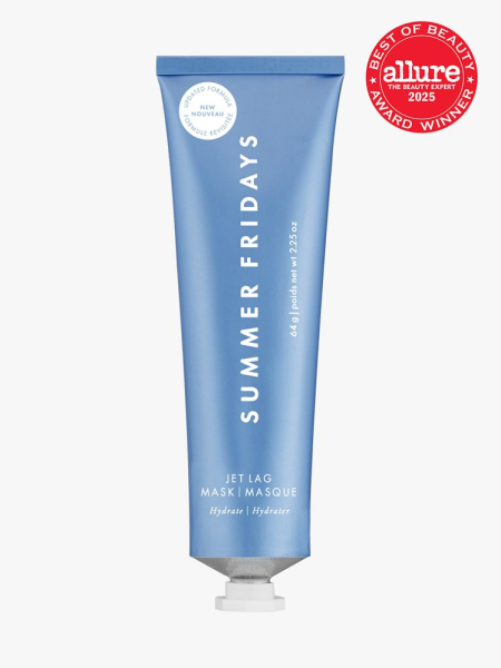 Summer Fridays Jet Lag Mask in branded blue tube with white cap on light gray background with red Allure Best of Beauty seal in the top right corner
