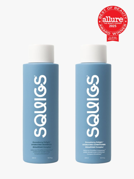 Squigs Gooseberry Delight Shampoo and Conditioner set in branded blue bottles with white caps on light gray background with red Allure Best of Beauty seal in the top right corner